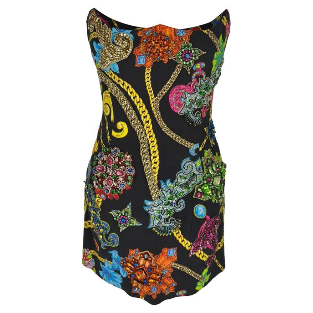 Versace Inverted Heart Jewel Embellished Mini Dress in Multicolor Viscose